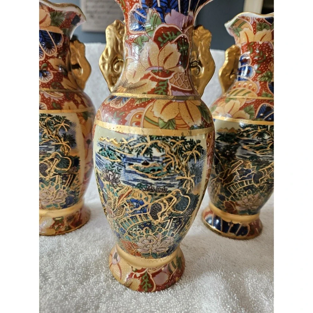 Vintage Set Of 3 hand paint Chinese Decorative Vase Coastal Birds Flowers 8 Inch
